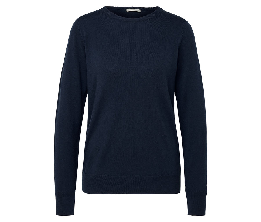 Marineblauer Pullover mit langen Ärmeln auf weißem Hintergrund.