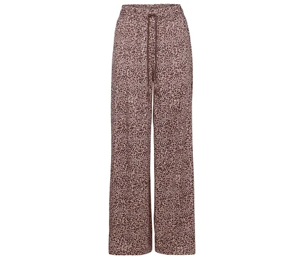 Beige-braune gemusterte Hose mit Kordelzug in der Taille.