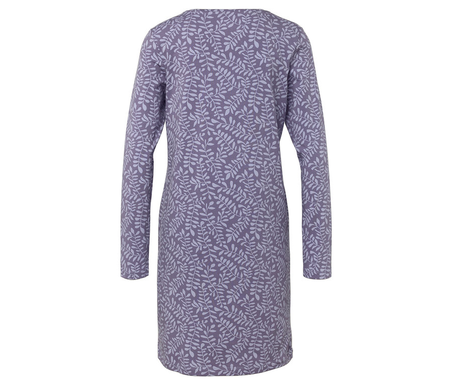 Rückansicht eines lila, langärmeligen Kleides mit Blätterdruck.