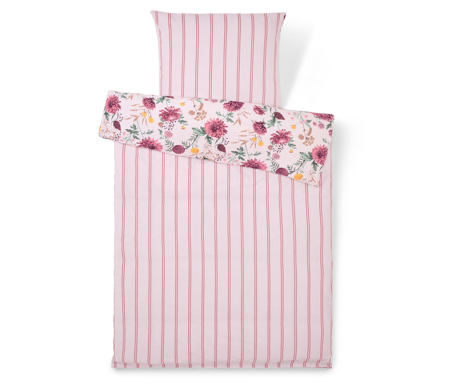 Bettwäsche mit rosa Streifen und Blumenmuster.