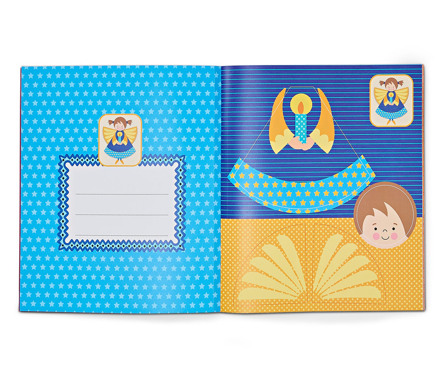 Aufgeschlagenes Buch »Das Verbastelbuch für die Allerkleinsten – Weihnachten« mit Abbildungen von Engeln und Weihnachtsschmuck.