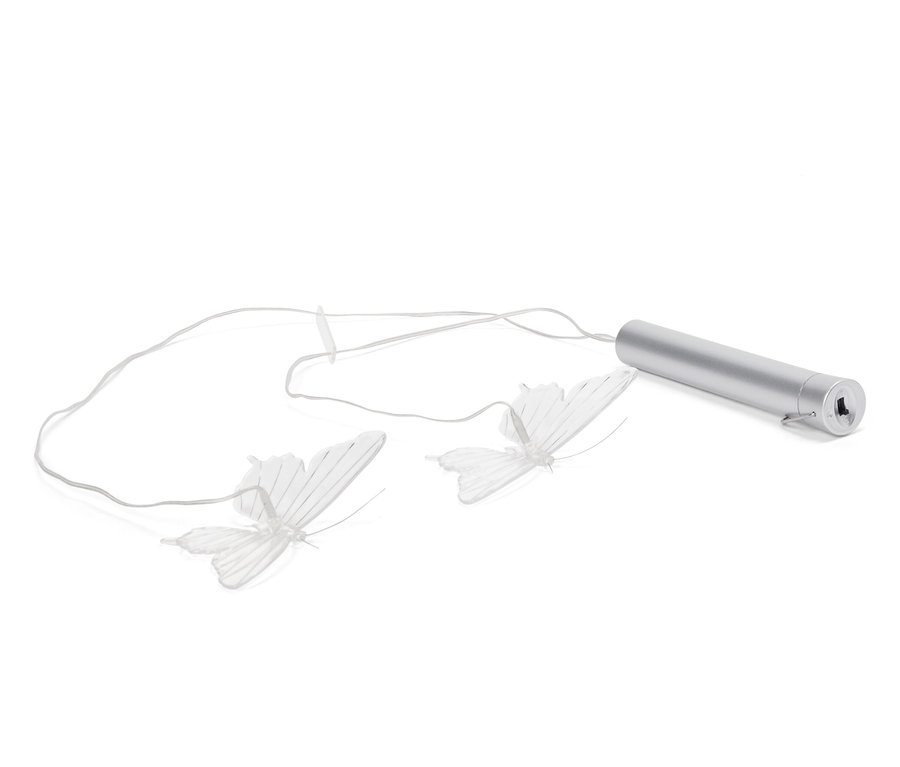 Zwei weiße Schmetterlingslichter, die an einem silbernen Rohr auf einem weißen Hintergrund befestigt sind.