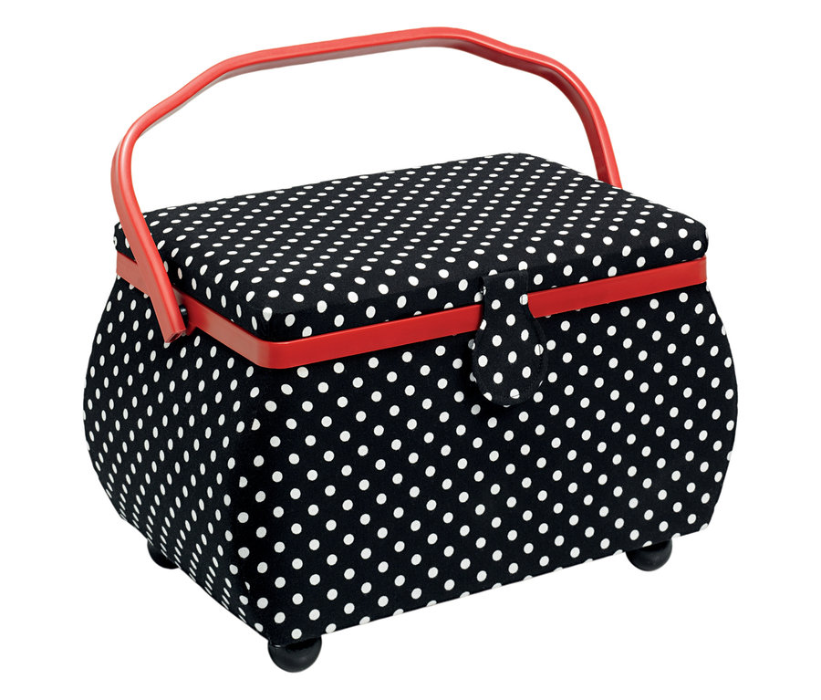 Ein Prym Nähkorb »Polka Dots« in Schwarz-Weiß mit rotem Griff.