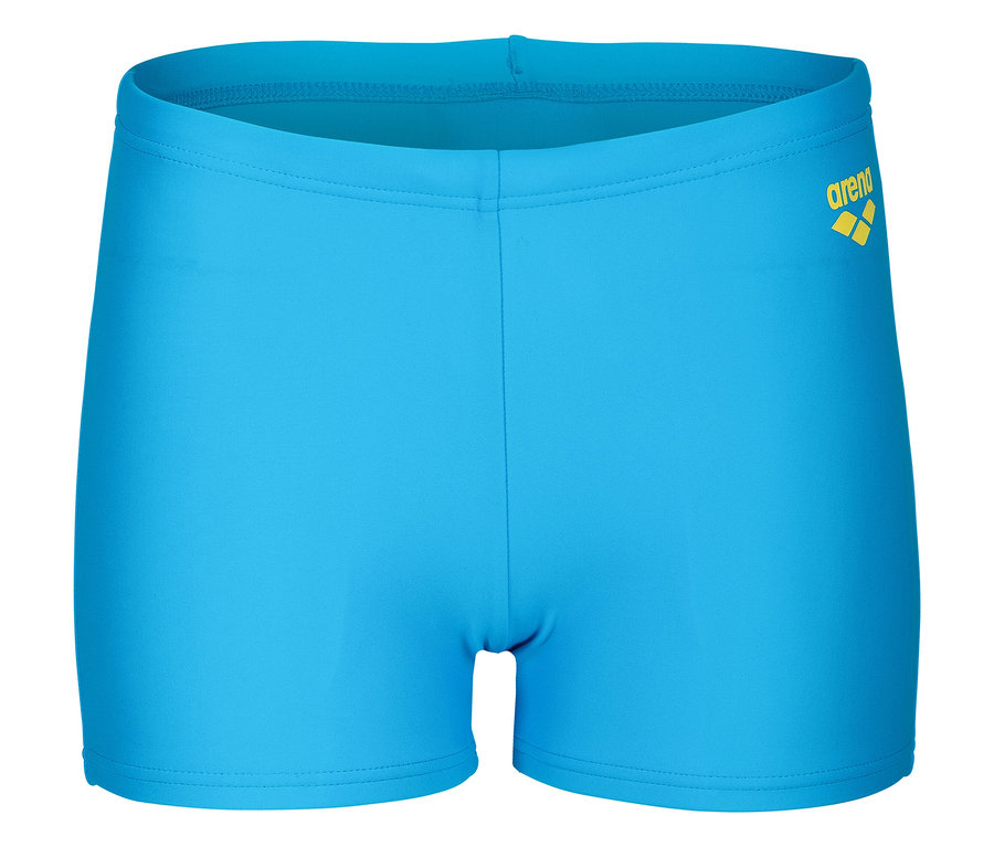 Hellblaue Badehose mit gelbem Arena-Logo.