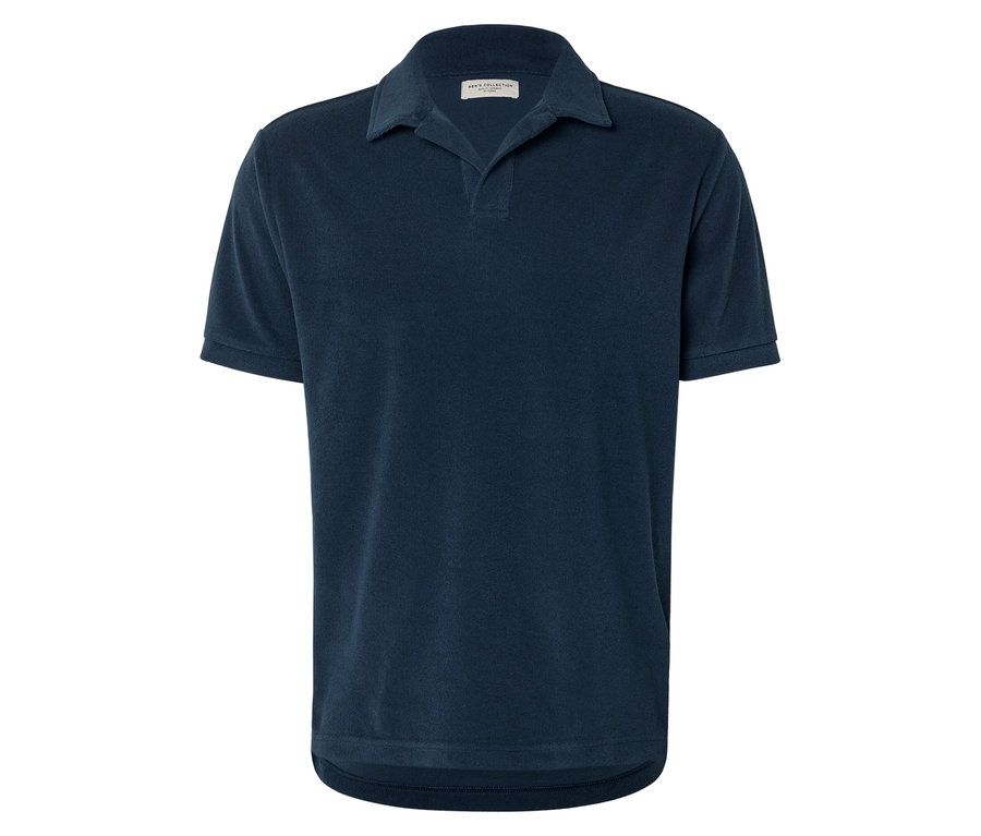 Dunkelblaues Poloshirt mit kurzen Ärmeln.
