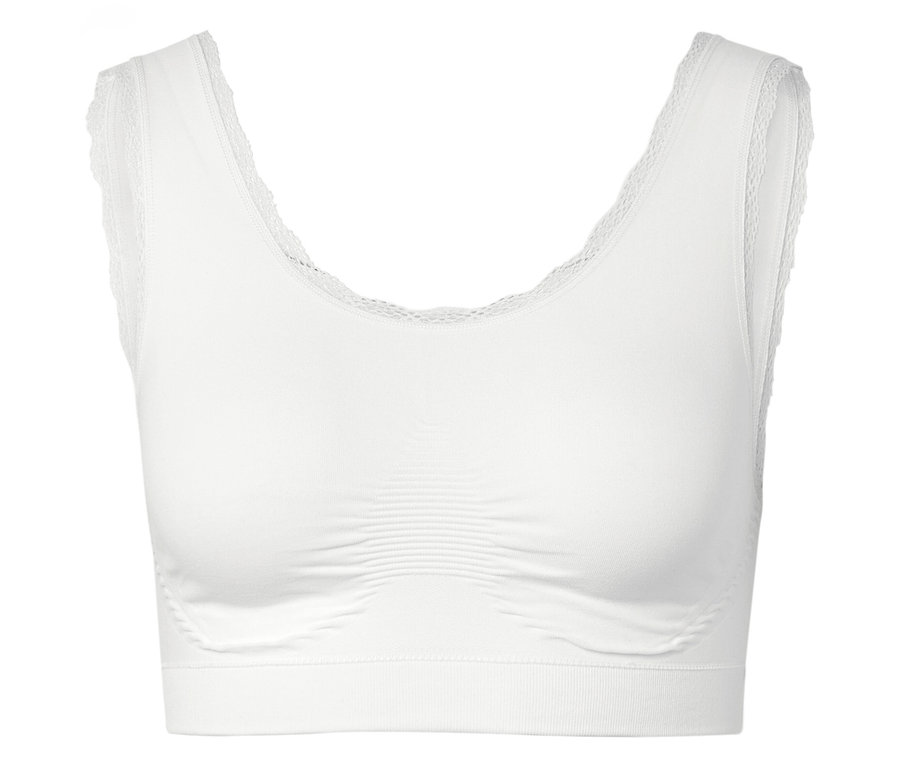 Weißes Bralette mit Spitze am Ausschnitt und an den Armausschnitten.