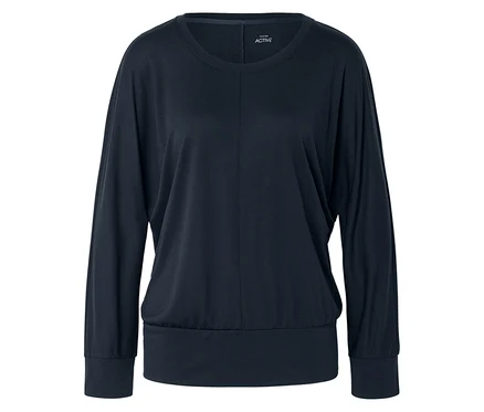 Ein dunkelblaues, langärmliges Active-Shirt liegt flach. Das Shirt hat einen Rundhalsausschnitt und lange Ärmel.