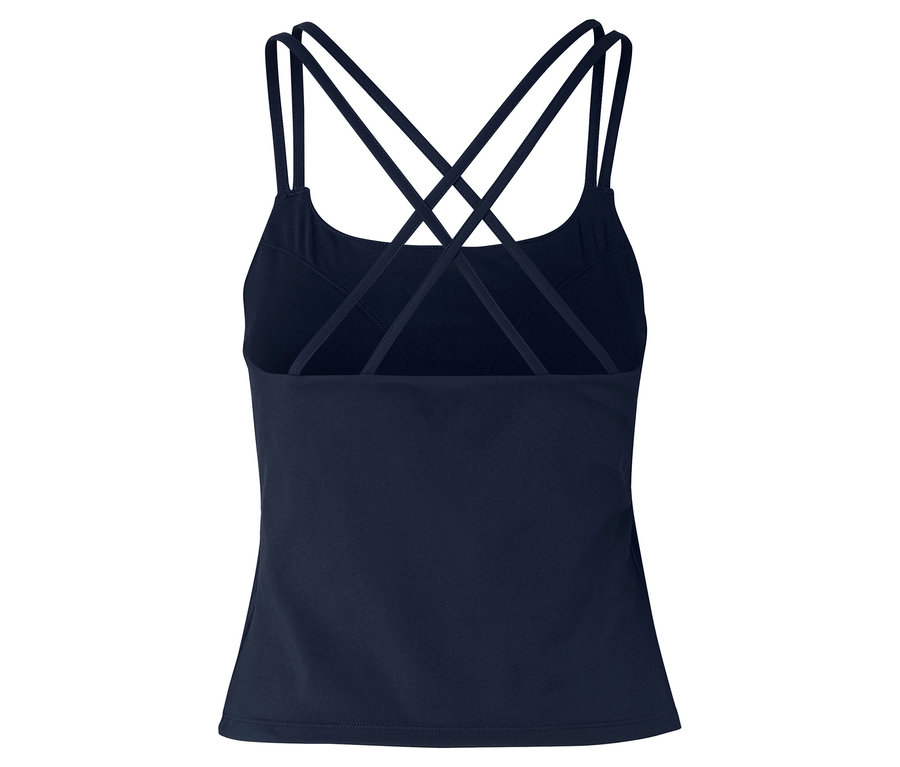 Dunkelblaues Tanktop mit überkreuzten Trägern im Rücken.
