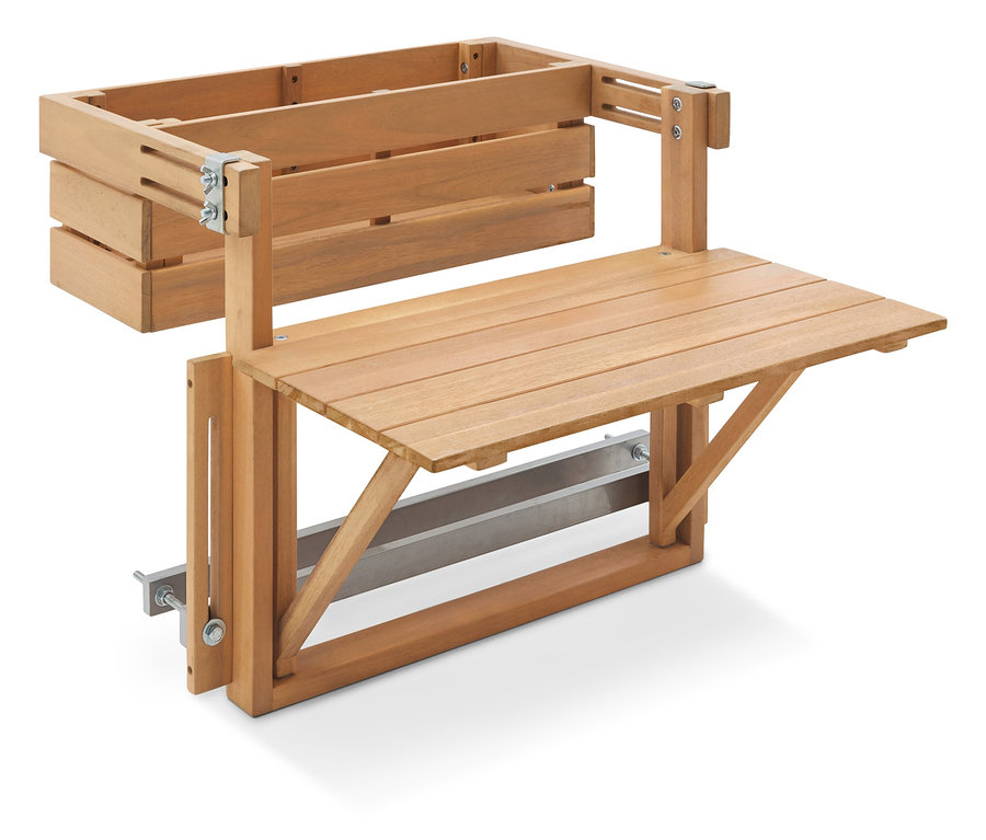 Ein Holztisch mit einer Ablagebox ist an einer Wand montiert.