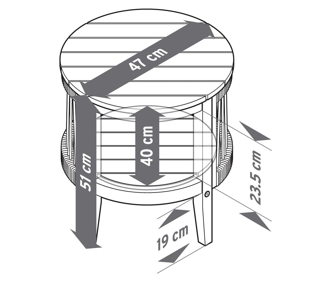 Skizze eines Garten-Beistelltisches mit abnehmbarer Tischplatte, Ø ca. 50 cm, mit Maßangaben.