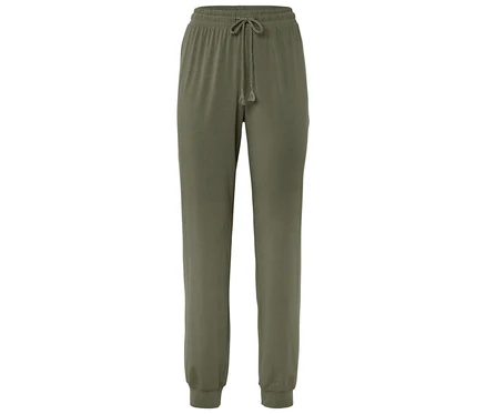 Grüne Pyjamahose mit Kordelzug und elastischen Bündchen.