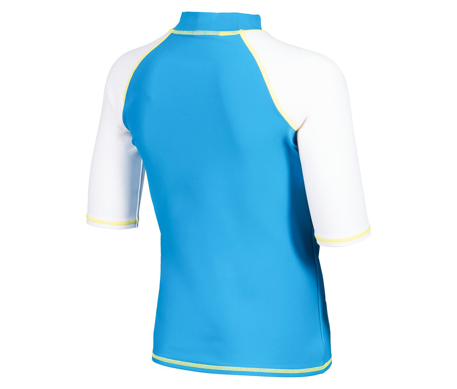 Rückansicht eines blau-weißes Schwimmshirts mit gelben Akzenten.