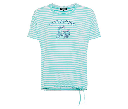Ein gestreiftes, hellblaues T-Shirt mit einem Vespa-Aufdruck und dem Schriftzug 'Ciao Amore'.