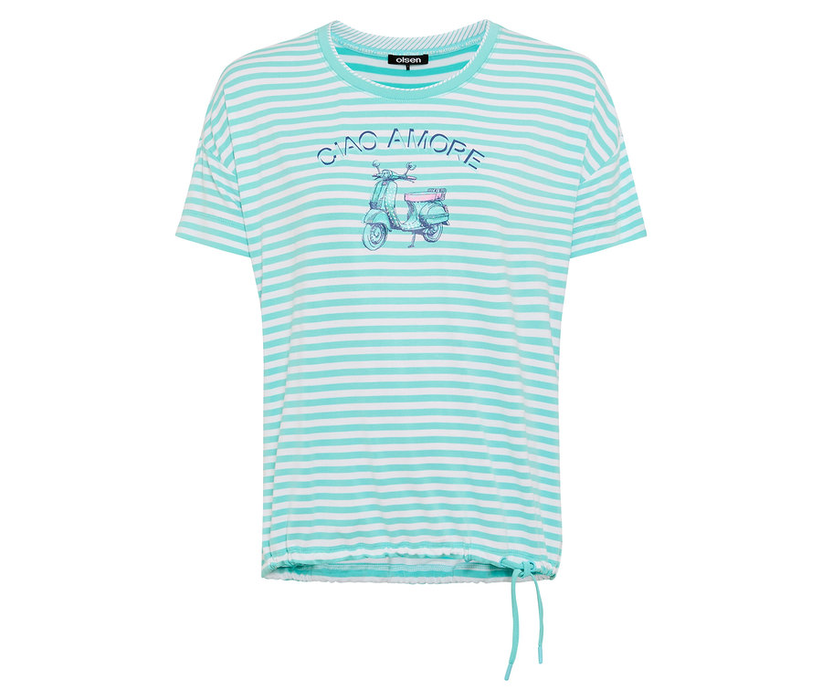 Ein gestreiftes, hellblaues T-Shirt mit einem Vespa-Aufdruck und dem Schriftzug 'Ciao Amore'.