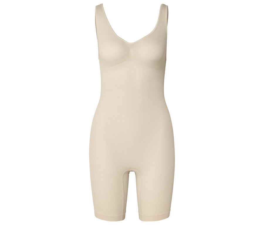 Hautfarbener Shapewear-Body mit V-Ausschnitt, der auf einem weißen Hintergrund steht.