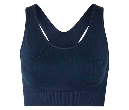 Blauer Sport-BH mit Ringerrücken und grünen Streifen.