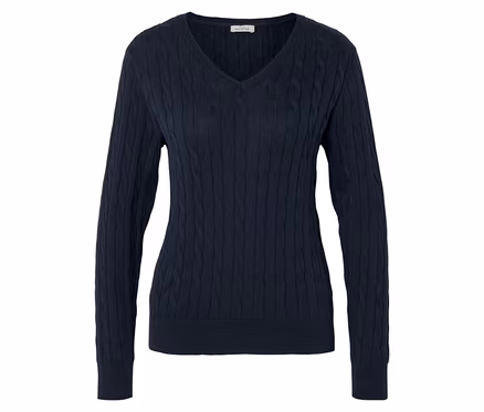 Marineblauer, langärmliger Strickpullover mit V-Ausschnitt und Zopfmuster.