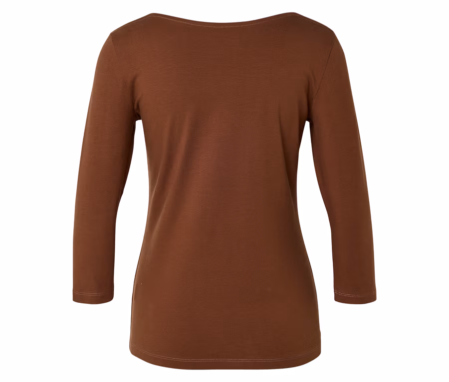 Rückansicht eines braunen, taillierten Langarmshirts mit U-Boot-Ausschnitt.