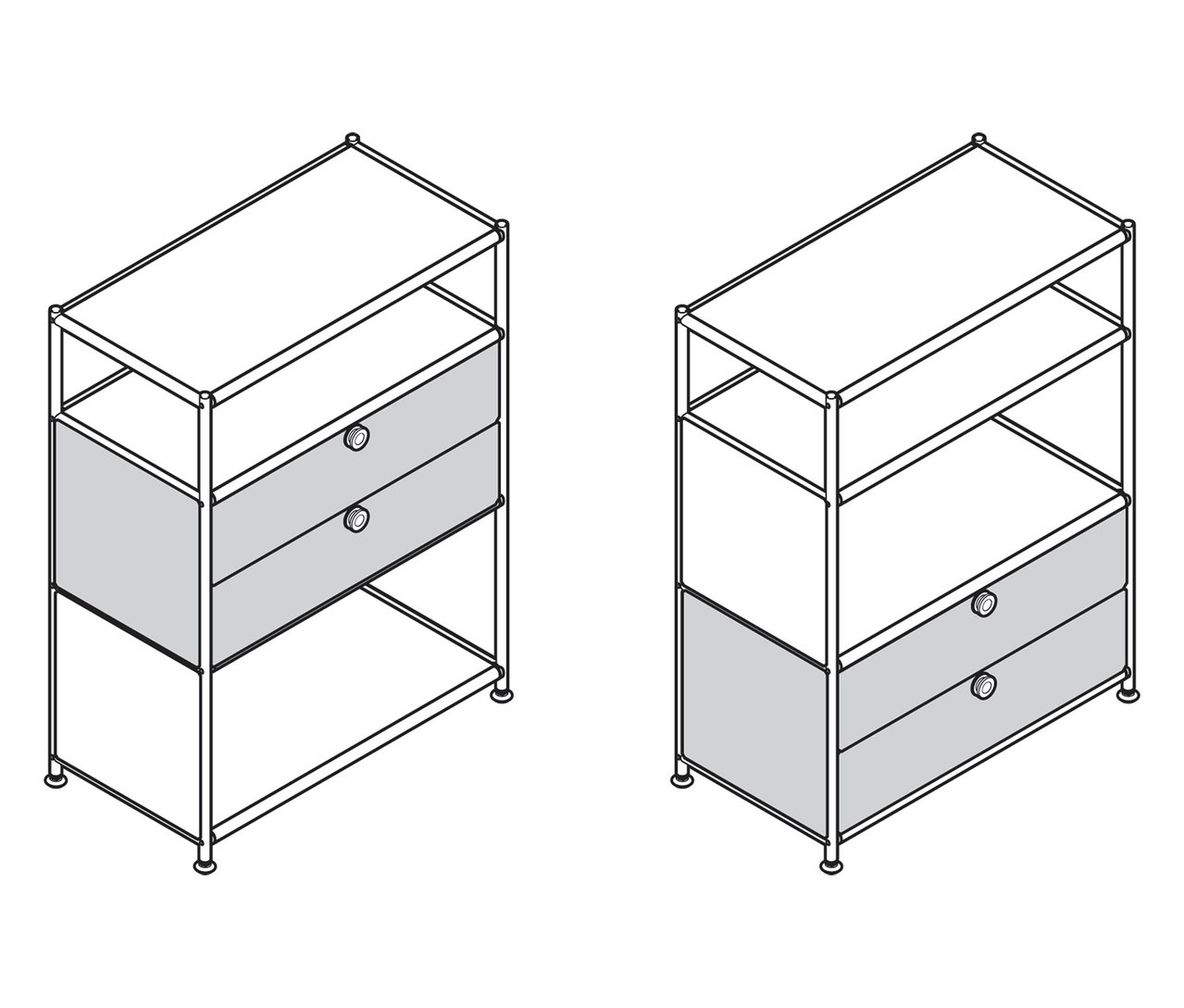 Zwei Metallkommoden »CN3« mit je 2 Schubladen sind dargestellt.