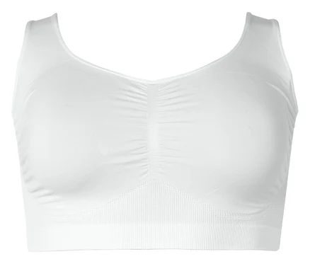 Weißes, trägerloses Bustier mit V-Ausschnitt und geraffter Mitte vor weißem Hintergrund.
