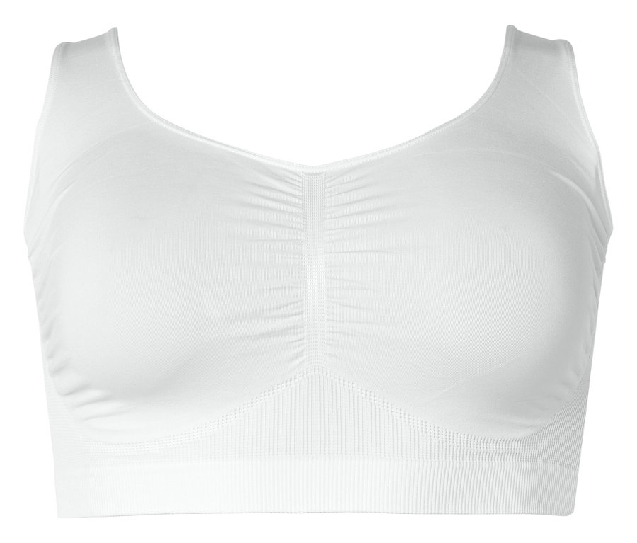 Weißes, trägerloses Bustier mit V-Ausschnitt und geraffter Mitte vor weißem Hintergrund.