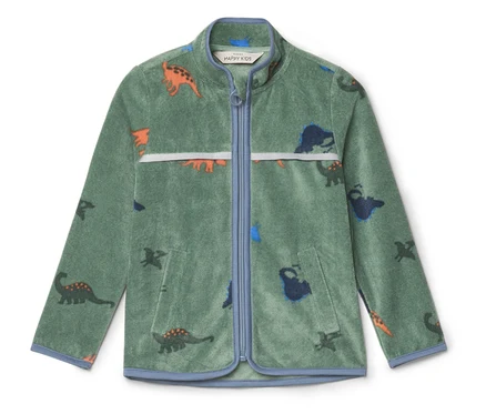 Grüne Fleecejacke mit Reißverschluss und Dinosaurier-Muster, eingefasst mit hellblauem Stoff.