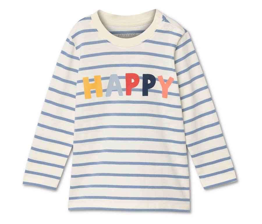 Langarmshirt mit blau-weißen Streifen und dem Wort HAPPY in bunten Buchstaben.