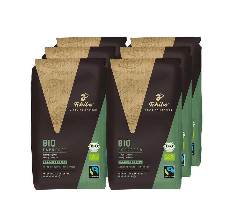 Sechs Packungen Vista Collection Bio Espresso - 6x 1 kg Ganze Bohne.