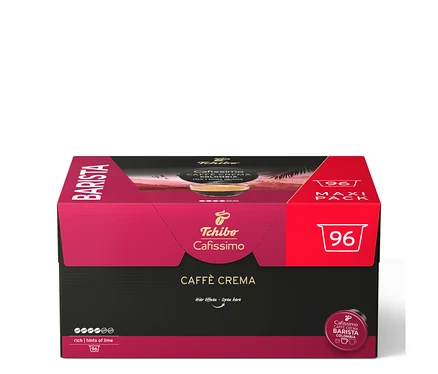 Eine große, schwarz-magentafarbene Tchibo Cafissimo BARISTA Caffè Crema Colombia Packung mit 96 Kapseln.