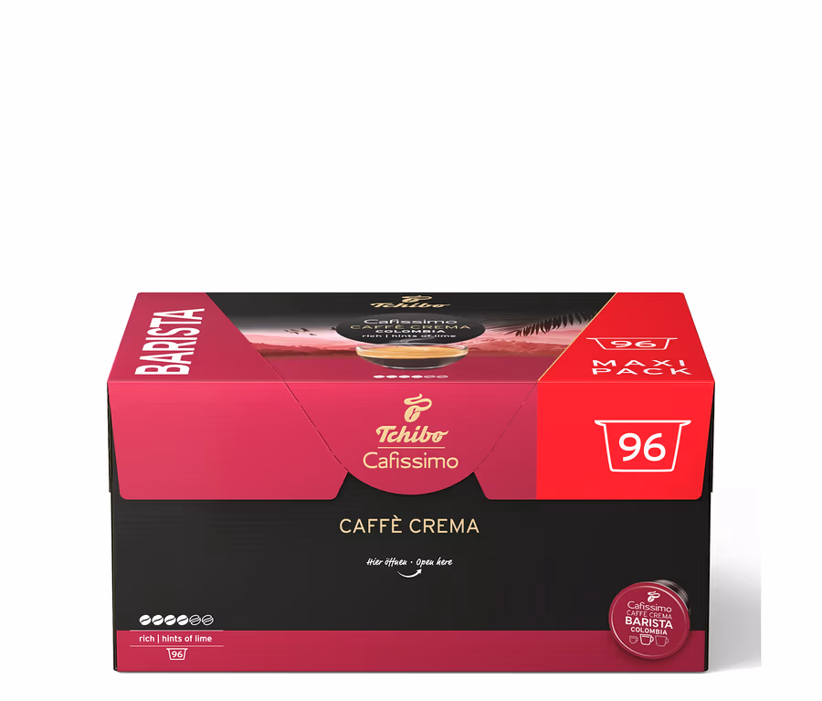 Eine große, schwarz-magentafarbene Tchibo Cafissimo BARISTA Caffè Crema Colombia Packung mit 96 Kapseln.