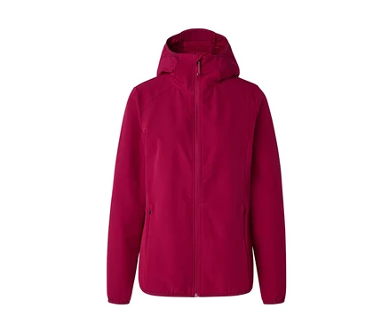 Magenta Softshelljacke mit Kapuze, durchgehendem Reißverschluss und Seitentaschen.