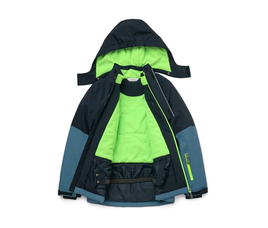Dunkelblaue und hellblaue Jacke mit neongrünem Innenfutter und Kapuze, geöffnet und flach liegend.