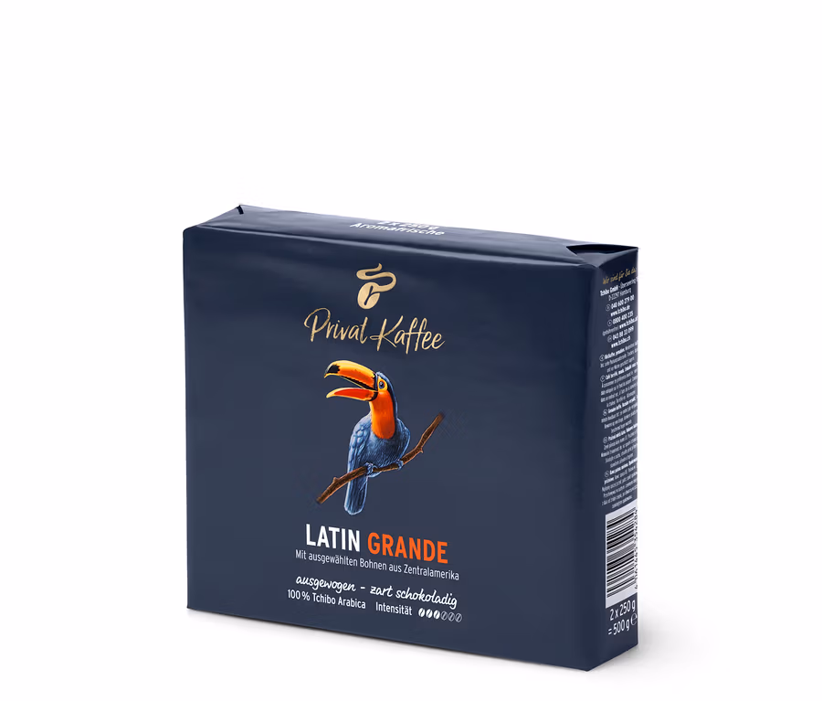 Packung Privat Kaffee Latin Grande gemahlener Kaffee mit Tukan-Abbildung.