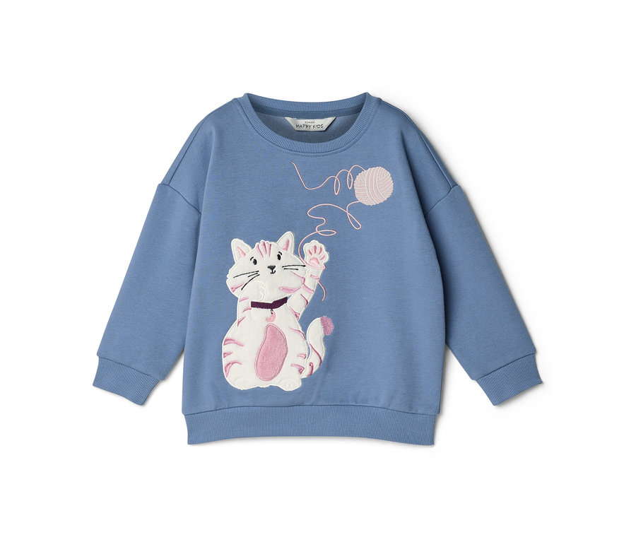 Blaues Sweatshirt mit einer weißen Katze, die mit einem rosa Wollknäuel spielt.