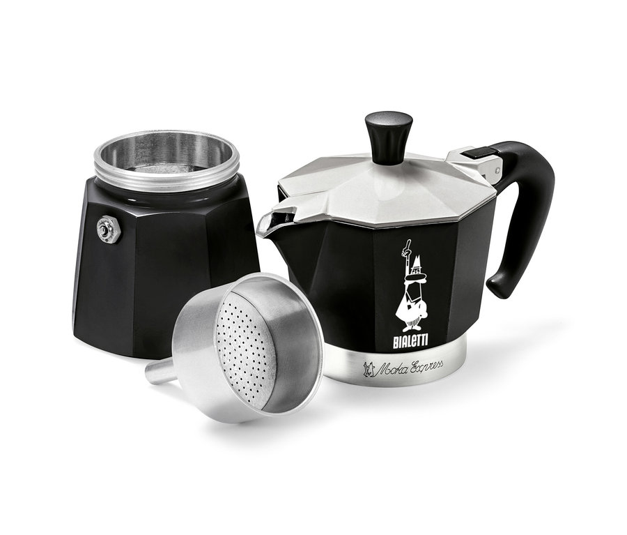 Eine Bialetti Moka Express Kaffeemaschine in Schwarz und Silber, zerlegt in drei Teile.