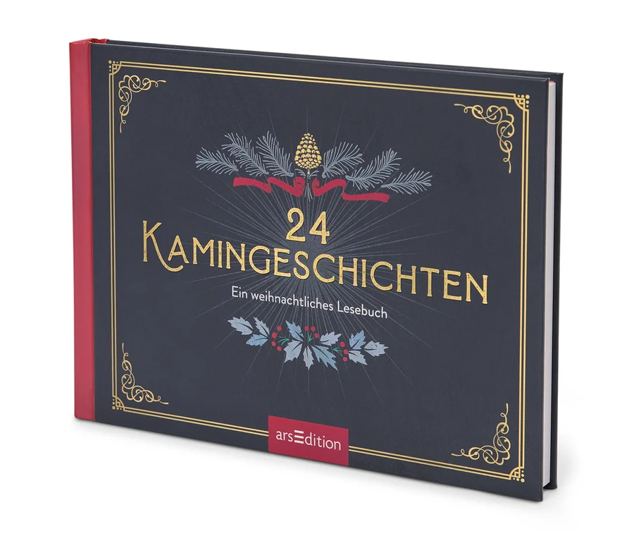 Buch "24 Kamingeschichten: Ein weihnachtliches Lesebuch" auf dunkelblauem Hintergrund mit goldener Schrift und Weihnachtsmotiven.