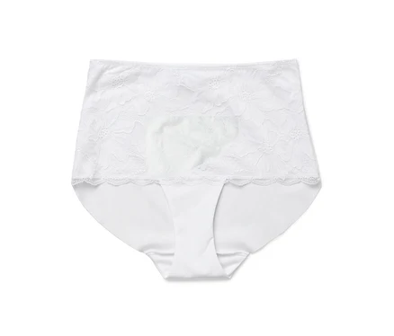 Weißer Damen-Slip mit hoher Taille und floraler Spitze.