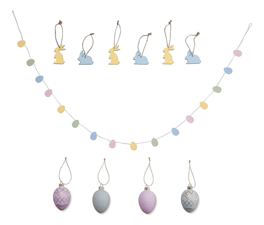 Deko-Geschenkset mit Girlande aus Eiern und Anhängern in Hasen- und Eierform.