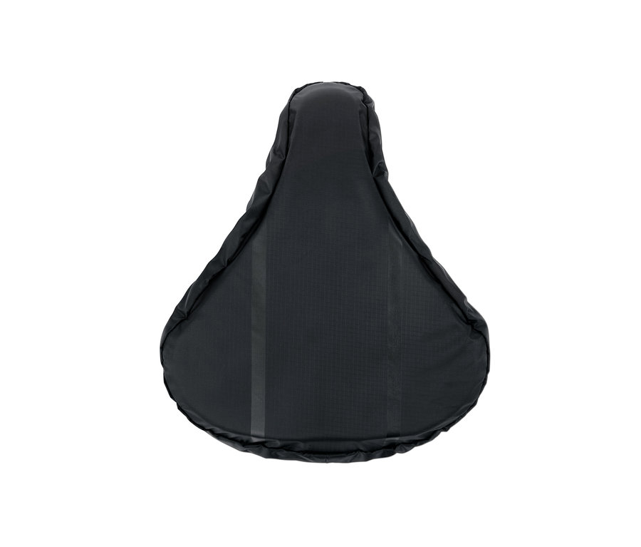 Ein schwarzer 2-in-1-Sattelbezug vor einem weißen Hintergrund.