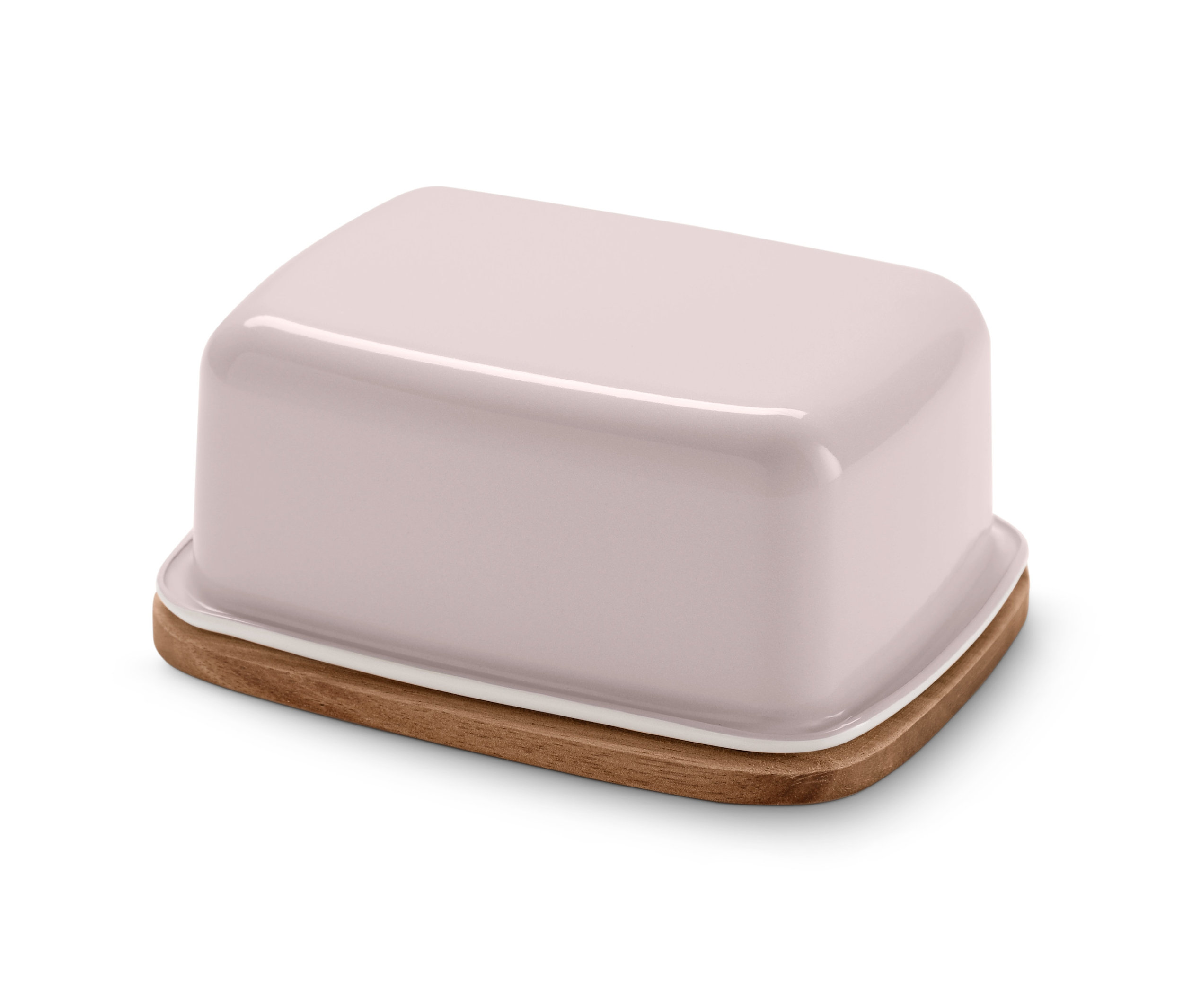 Eine Emaille-Butterdose mit Holztablett.