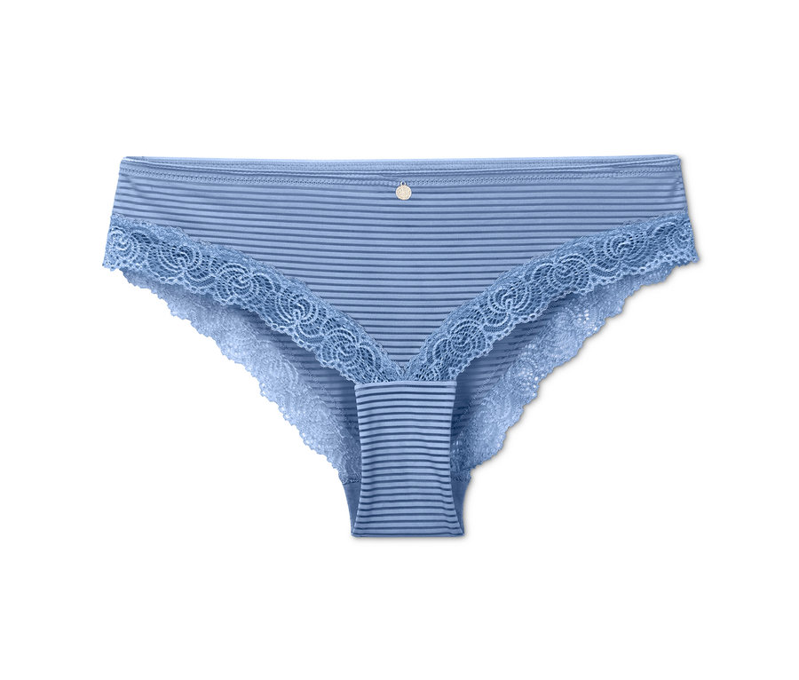 Ein einzelner blau gestreifter Brazil-Slip mit Spitze.