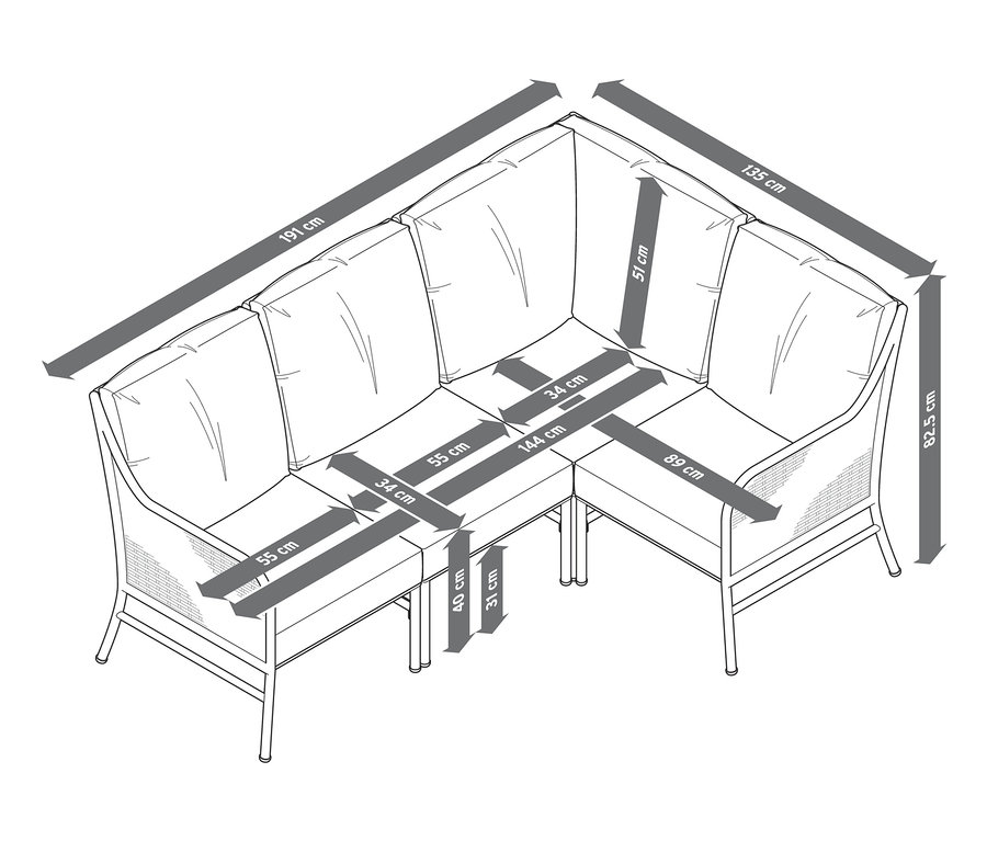Abbildung einer Loungeecke mit Polyrattangeflecht und Maßangaben.