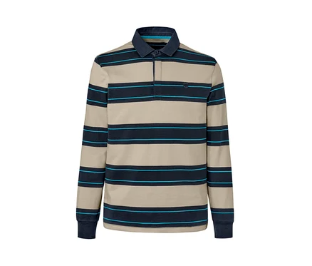 Langarm-Poloshirt mit beige- und dunkelblauen Streifen.
