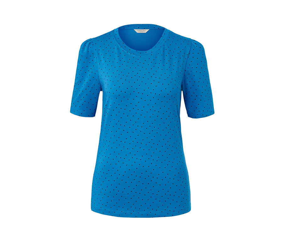 Blaues T-Shirt mit kurzen Ärmeln und Punktmuster.