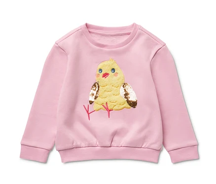 Rosa Kinder-Sweatshirt mit angerauter Innenseite und gelbem Küken-Applikation.