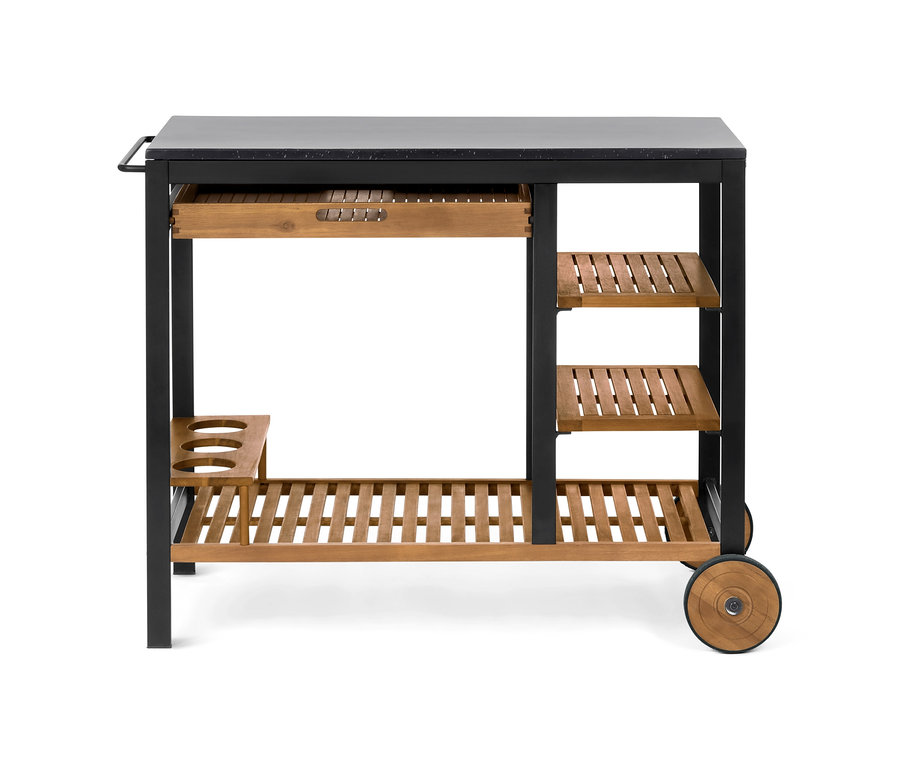 Schwarzer Grillwagen »Elin« mit Schublade und Beton-Arbeitsfläche und Holzregalen.