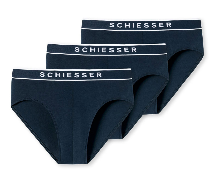 Drei dunkelblaue SCHIESSER Rio-Slips mit Bio-Baumwolle.