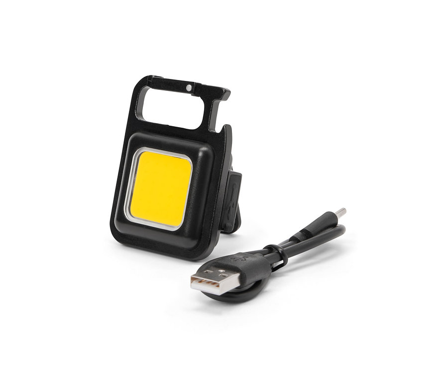 Schwarzes Multifunktions-Licht mit Ladekabel.