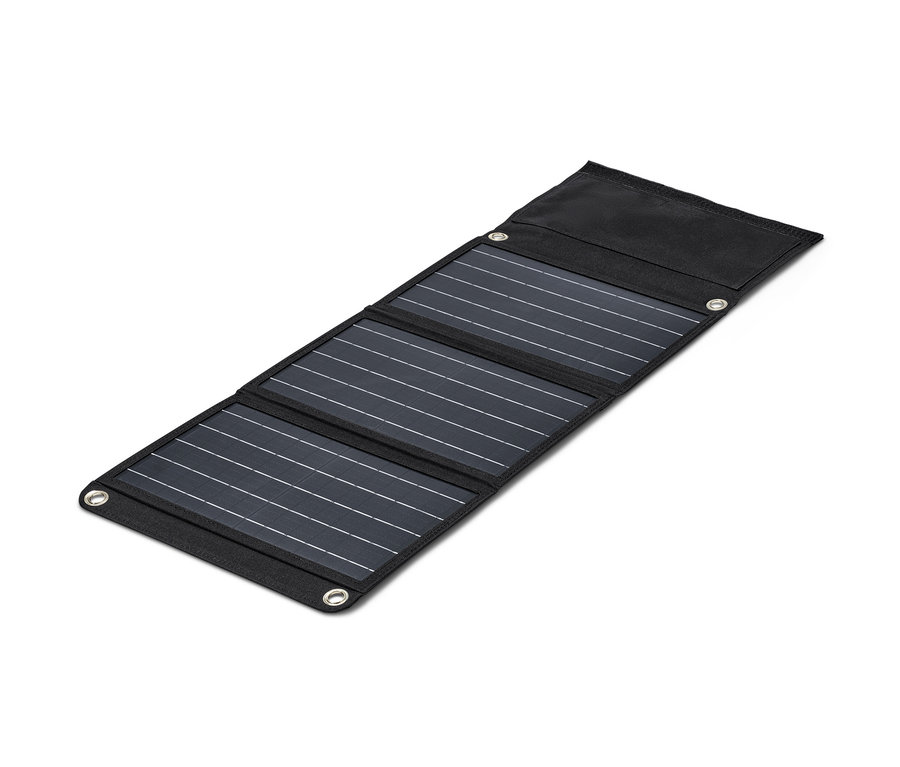 Ausgeklapptes Solar-Ladegerät, faltbar, mit schwarzem Rahmen.