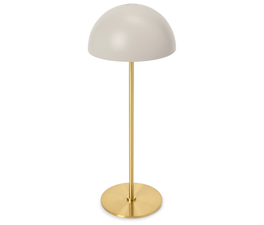 Stehlampe mit rundem Lampenschirm und goldenem Fuß.
